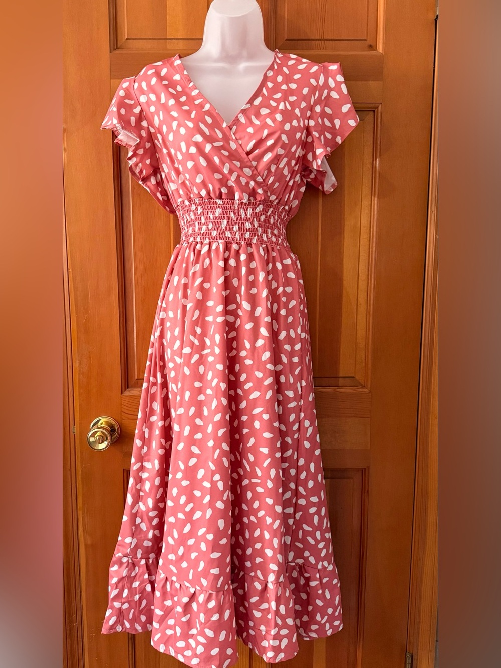 Pink Polka Dot Maxi Dress with Smocked Waist